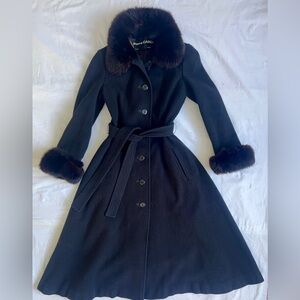 Pierre Cardin Vintage 70s Fox Fur Wool Melton Fit Flare Belted Luxe Winter Coat